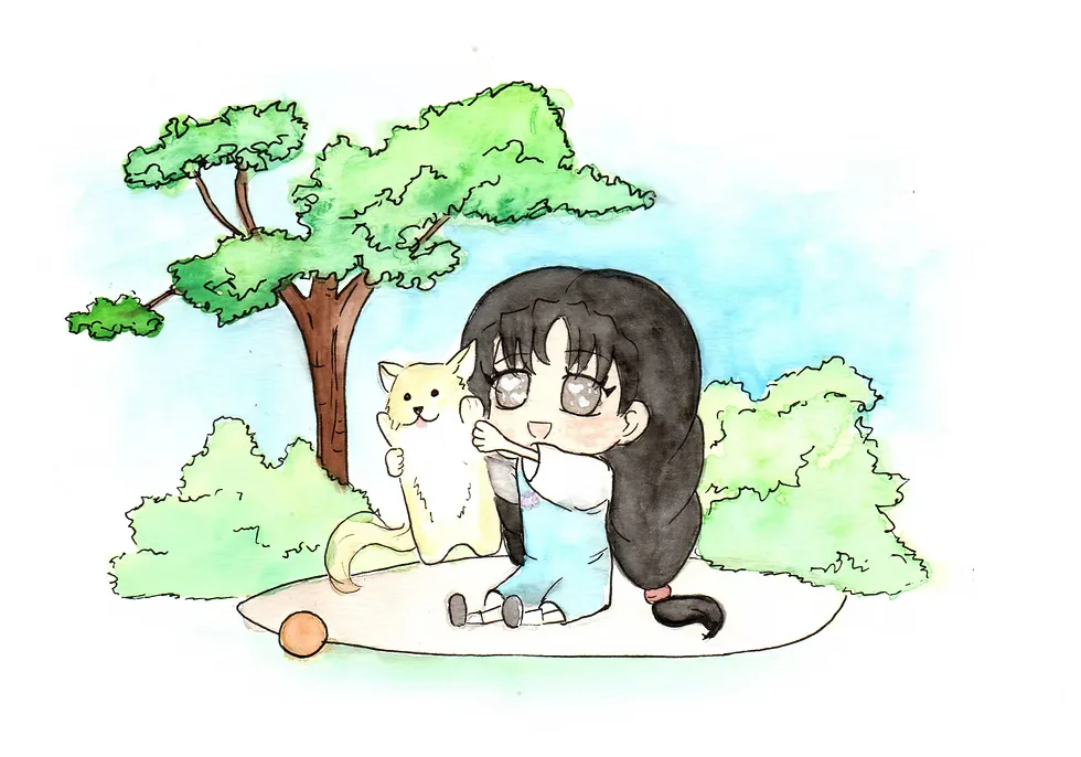 Aquarela de uma menina abraçando um gatinho sob uma árvore