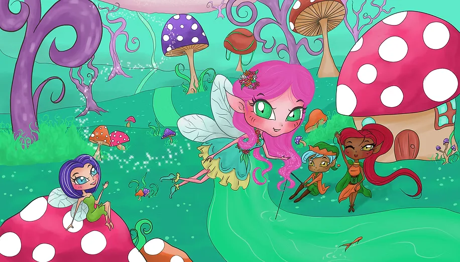 Fadas entre cogumelos coloridos num cenário de fantasia