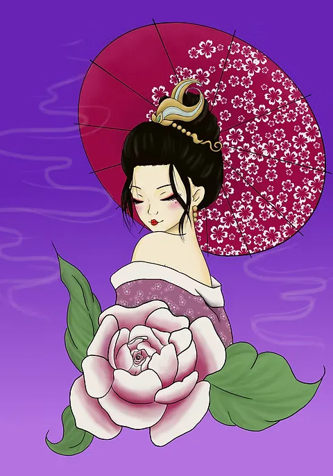 Mulher de quimono sob uma sombrinha rosa, com uma peônia