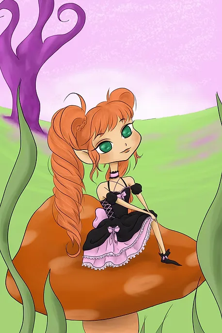 Personagem ruiva sentada num cogumelo laranja