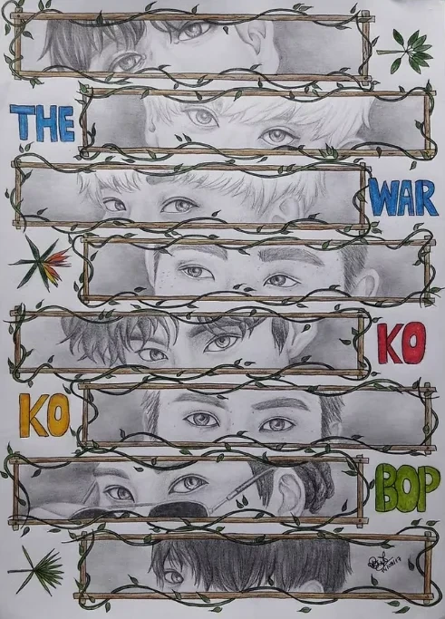 Desenho a grafite de várias fileiras de olhares dentro de uma moldura de espinhos