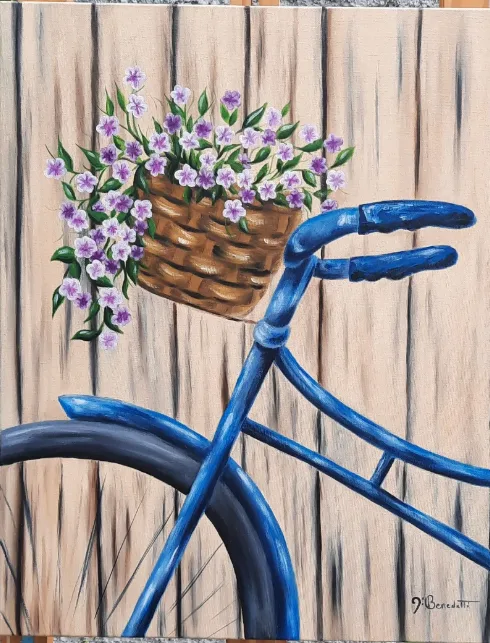 Pintura de uma bicicleta azul com cesta de flores