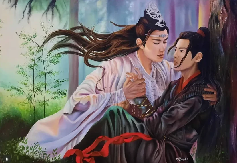 Pintura de um casal abraçado num bambuzal