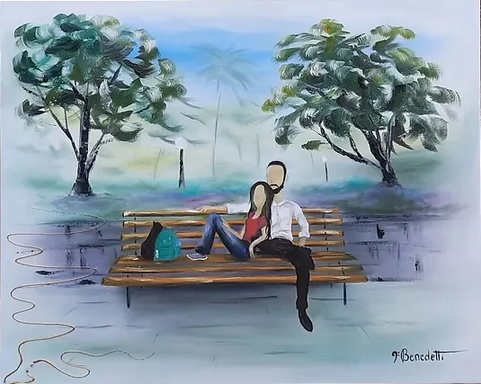 Pintura de um casal sentado num banco de parque