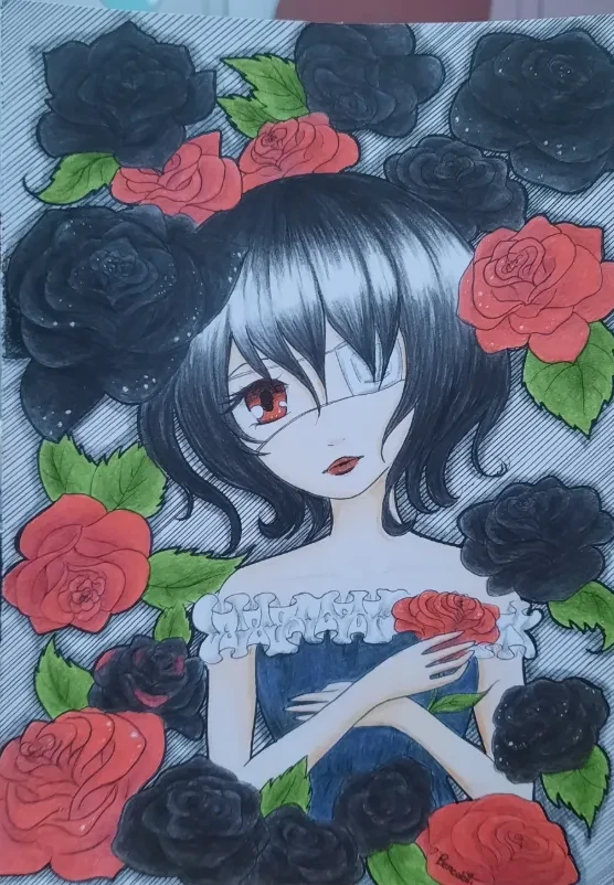 Pintura de uma menina cercada de rosas vermelhas e pretas