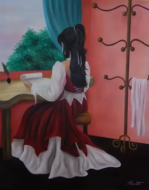 Pintura de uma mulher de vestido vermelho sentada perto de uma janela