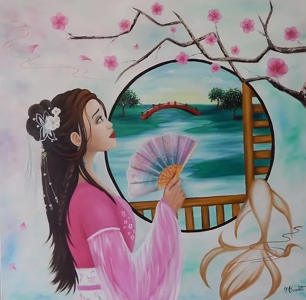 Pintura de uma mulher de rosa com um leque, diante de uma janela redonda