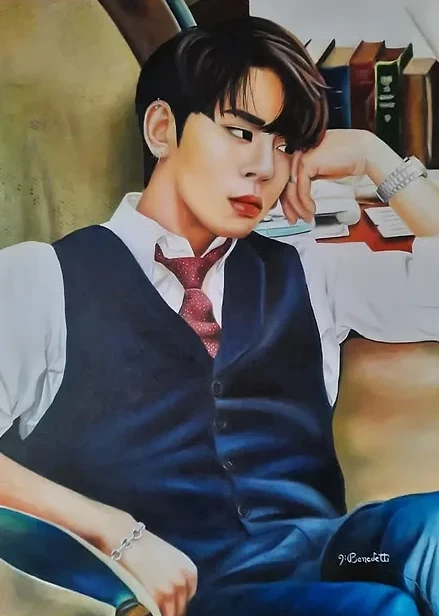 Retrato pintado de um rapaz de colete, entre livros